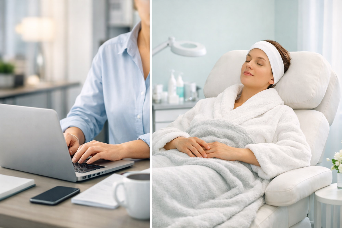 A busy professional fitting a quick med spa treatment into their schedule