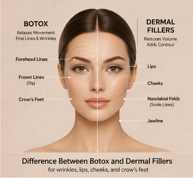 Facial diagram comparing where Botox is used — forehead, frown lines, crow's feet — versus e dermal fillers are used: lips, cheeks, nasolabial folds, and jawline