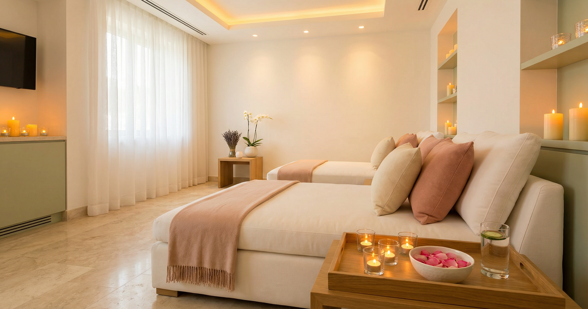 A calming day spa relaxation area with candles and soft lighting