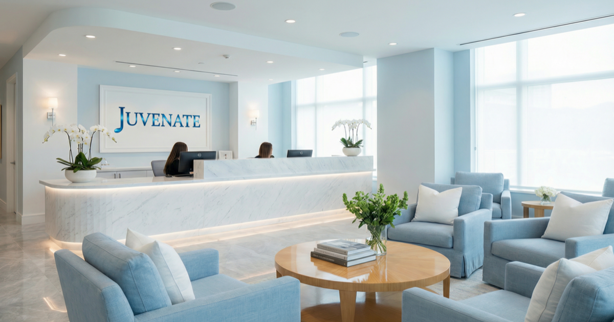 A modern med spa reception and waiting area for GLP-1 weight loss consultations