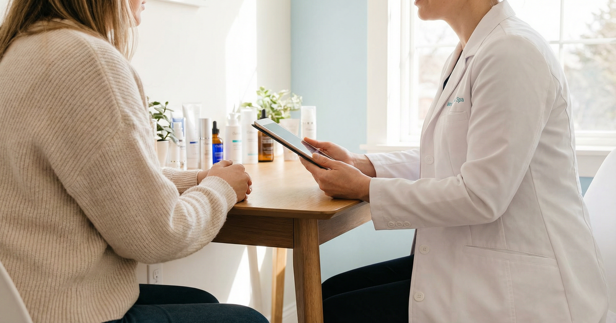 A med spa provider reviewing a post-weight-loss treatment plan with a client